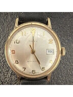 Vintage 1970 Timex Mechanical Watch Date Gold Tone Silver Dial 1204 2570